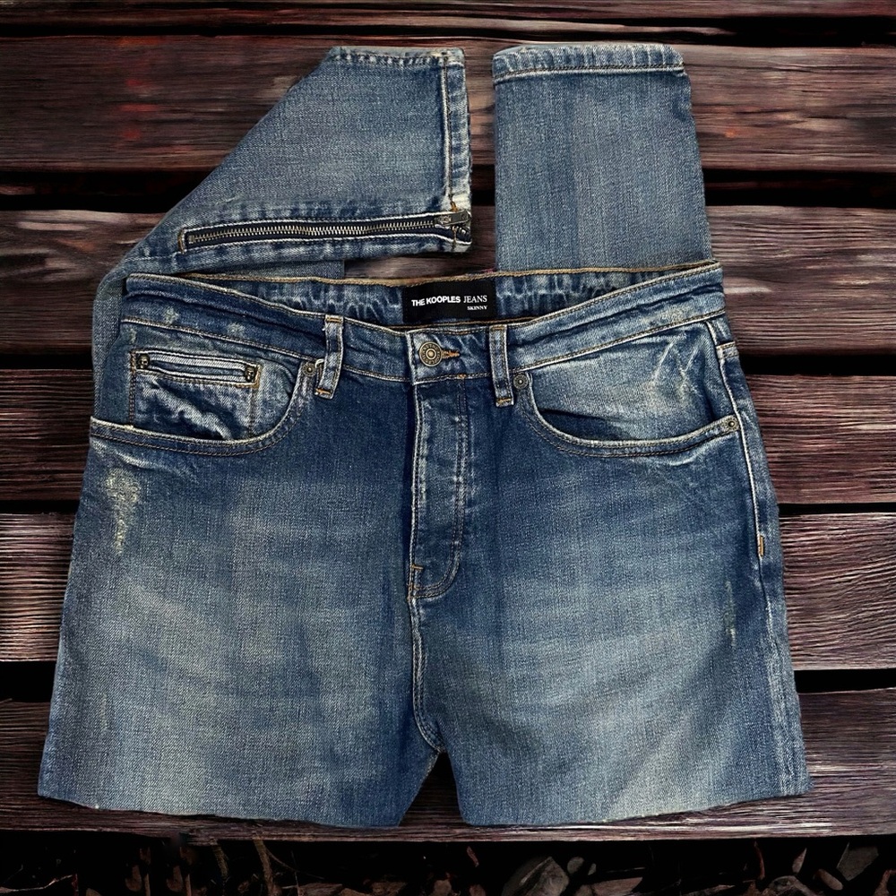 The Kooples Button Fly Zippered Ankle Distressed Skinny Jeans